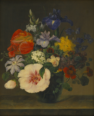 Hermania Neergaard (1799-1875): Et glas med blomster på en bordplade. 1842