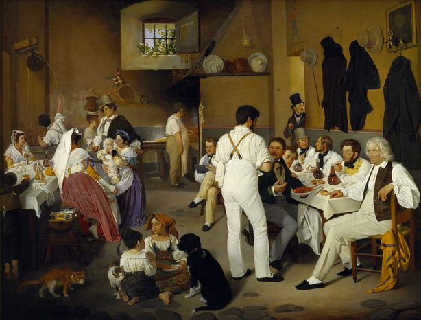 Ditlev Blunck (1798-1854): Danske kunstnere i osteriet La Gensola i Rom. 1837